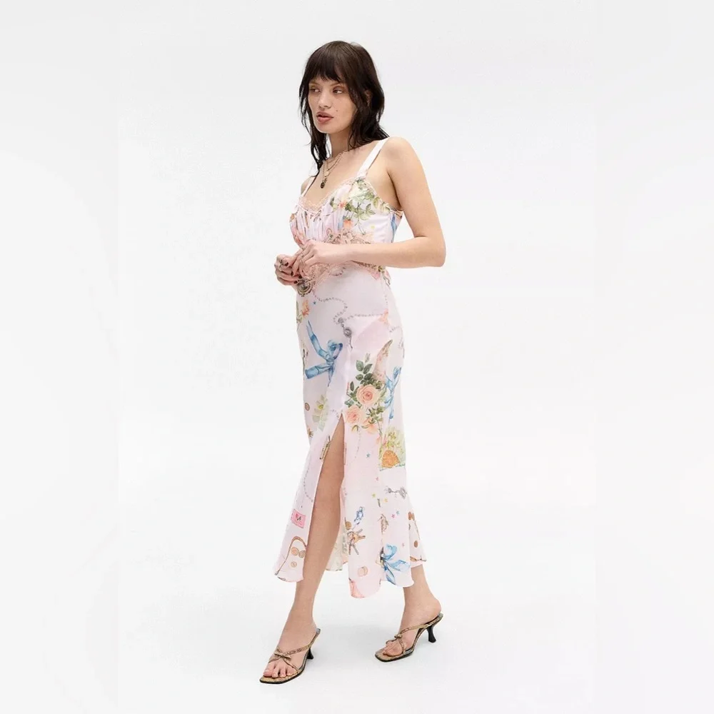 UO Kimchi Blue Liz Lace Trim Satin Slip Midi Dress- Patterned Pink - Picture 4 of 6